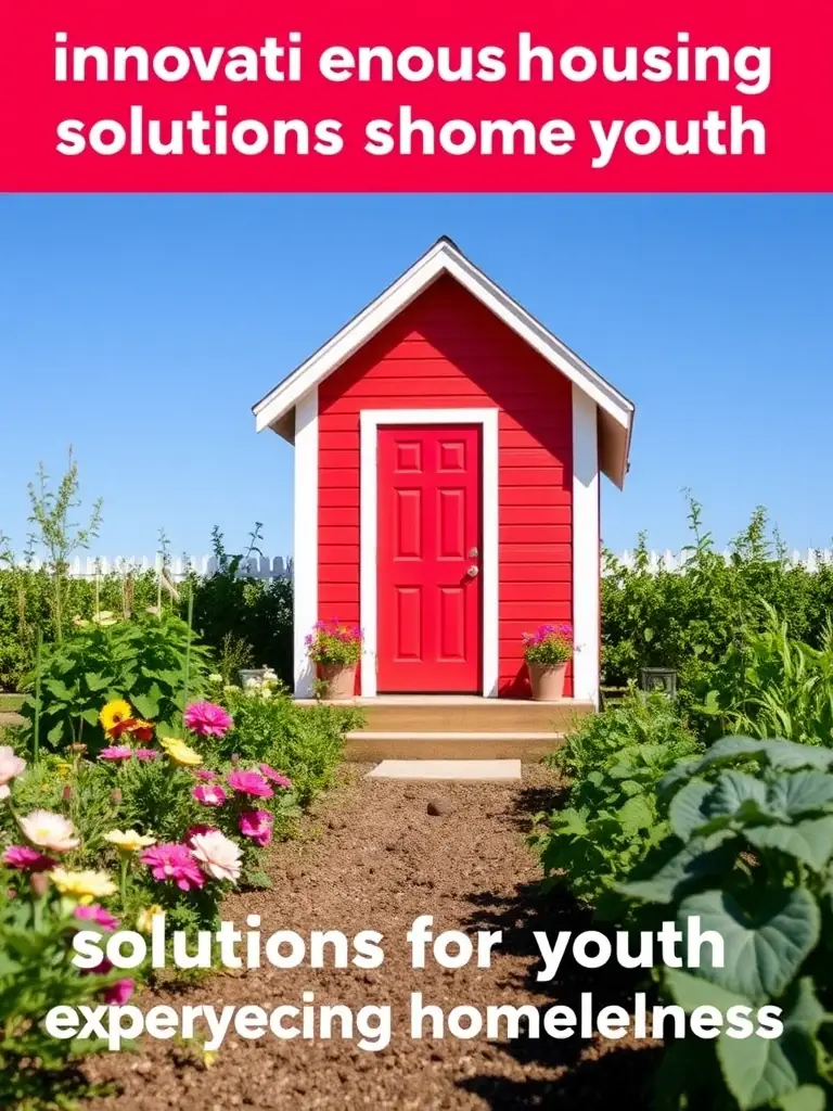 A newly constructed tiny home, brightly painted and surrounded by a small garden, symbolizing innovative housing solutions for youth experiencing homelessness.