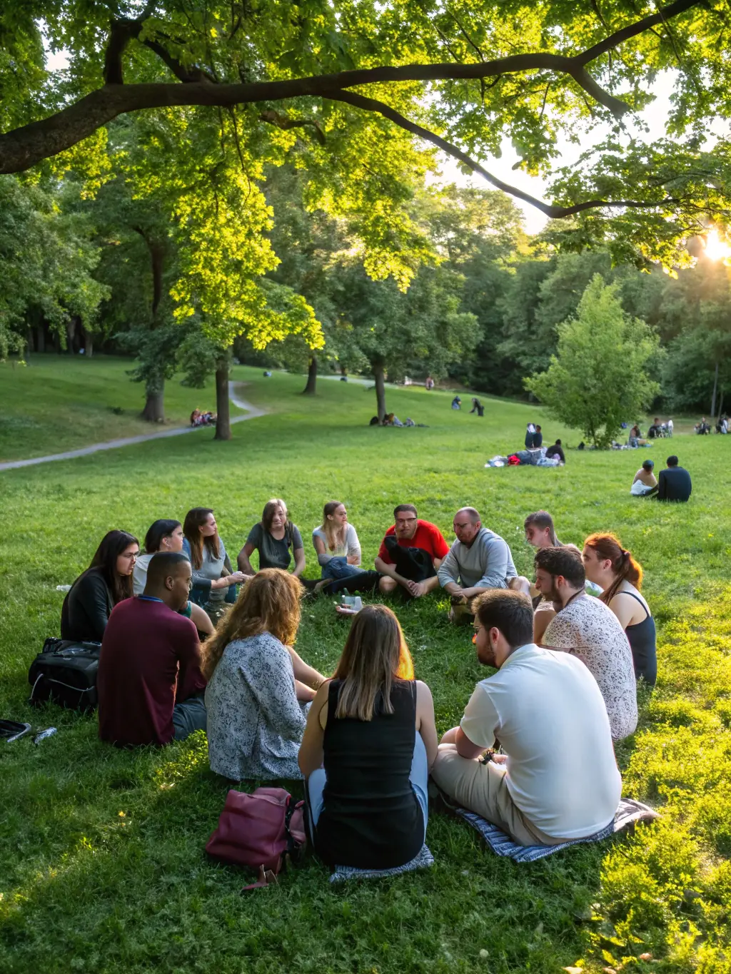 A diverse group of community members, including young people, gathered at a local park for a community event, symbolizing collaboration and engagement.