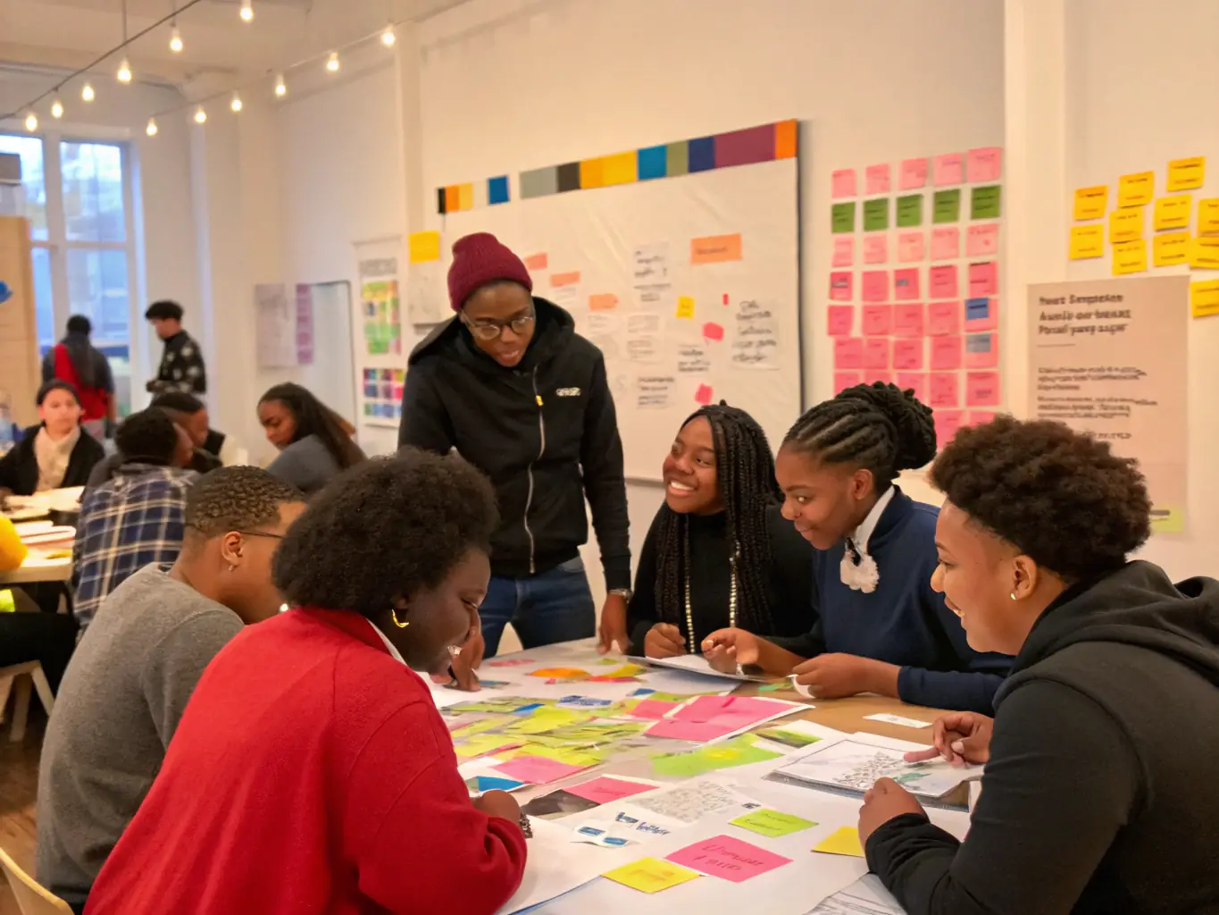 A group of diverse youth engaged in a leadership workshop, collaborating with mentors and community leaders, symbolizing the Youth Leadership Development program.