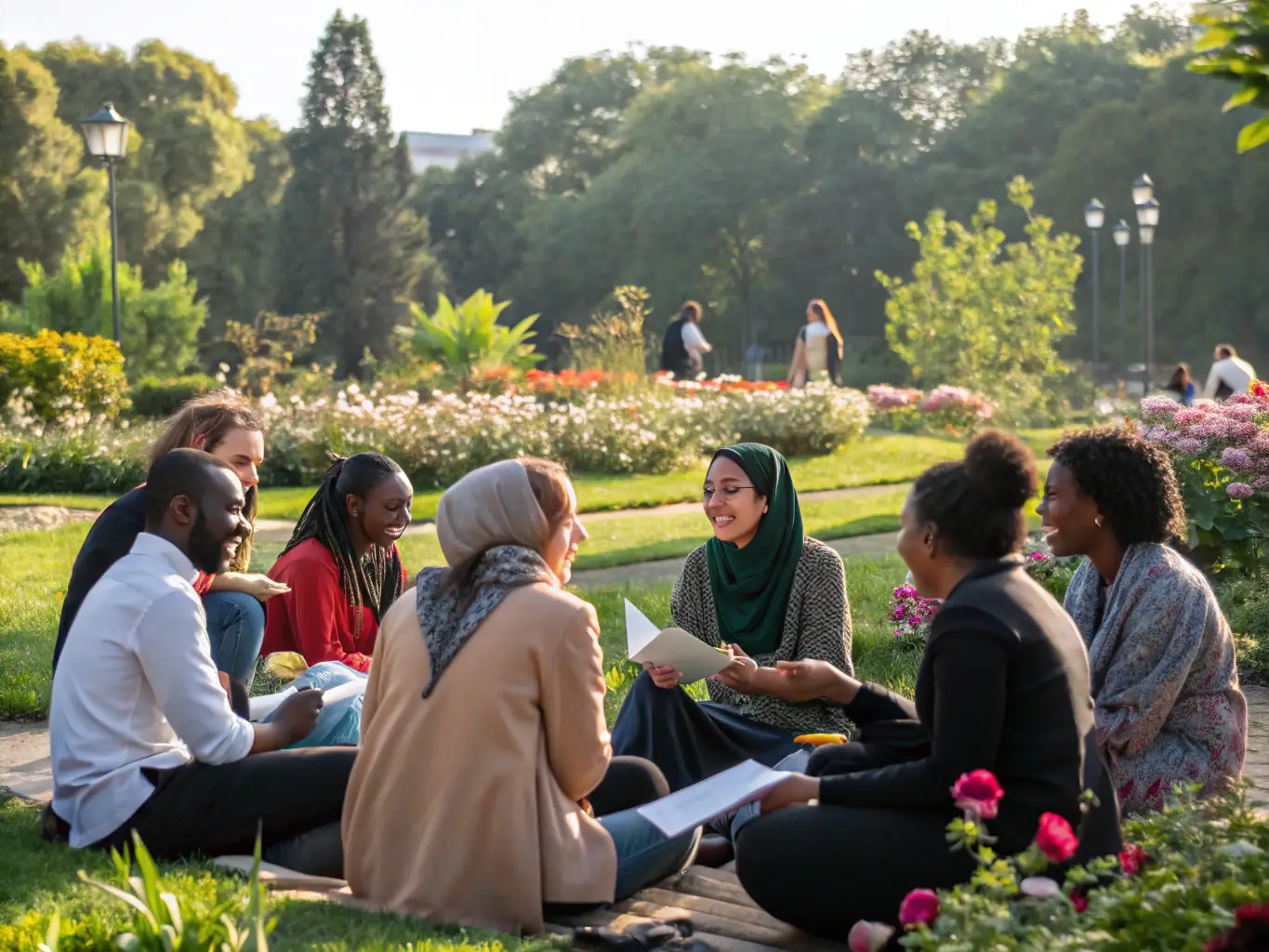 Community members and youth participating in a neighborhood workshop outdoors, sharing ideas and building connections, illustrating the Community Engagement Programs.