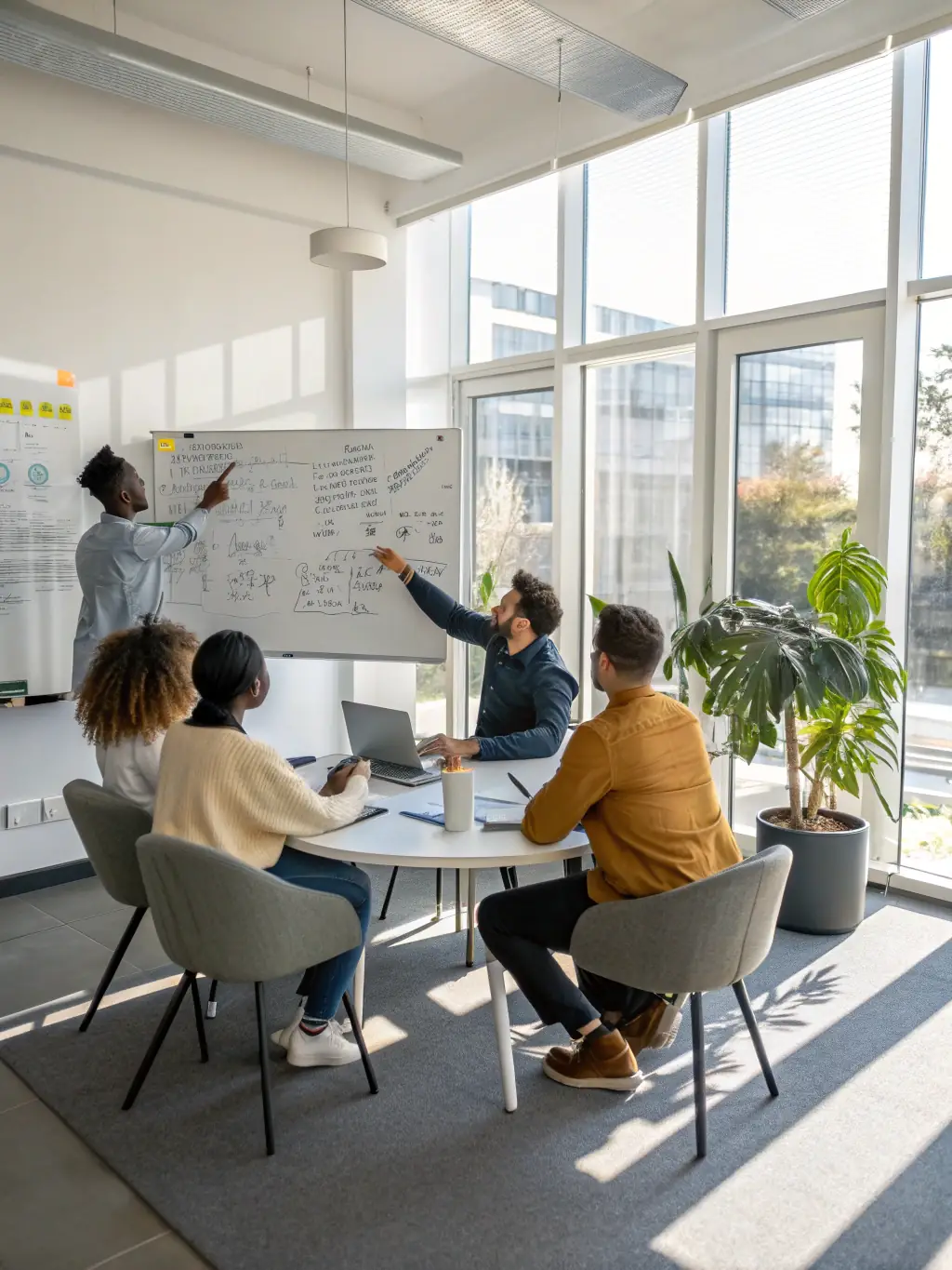 A group of diverse young people participating in a workshop, actively brainstorming and sharing ideas on a whiteboard, representing the Youth Leadership Development program.
